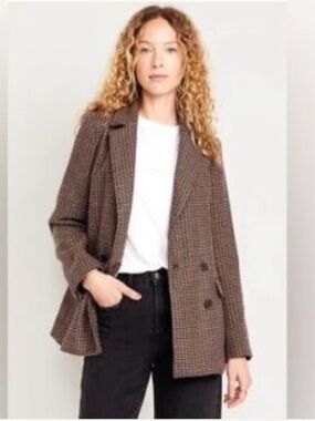 Old Navy Women's Double-Breasted Blazer in a Brown Plaid/Houndstooth